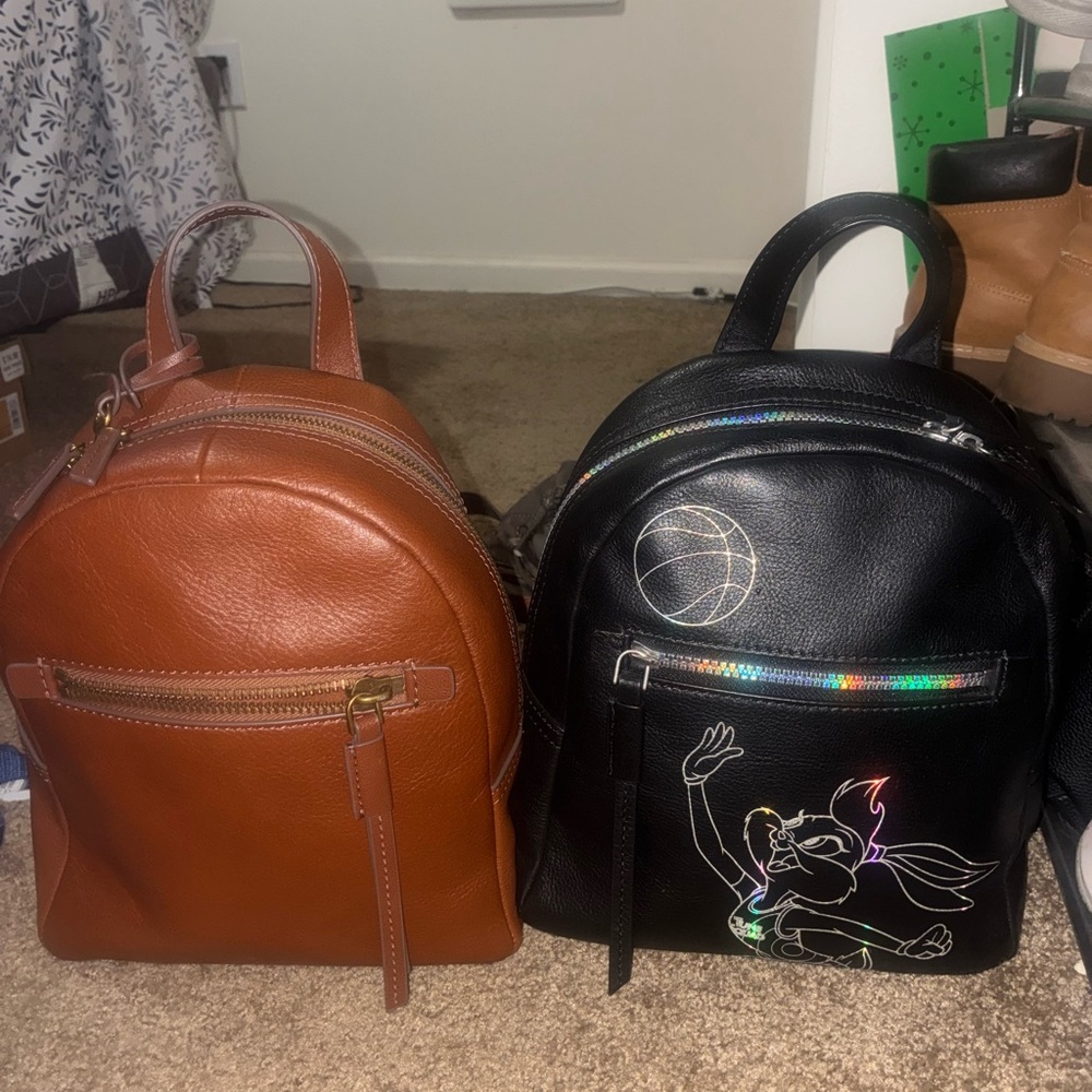 Fossil Tan and Black Leather Backpacks